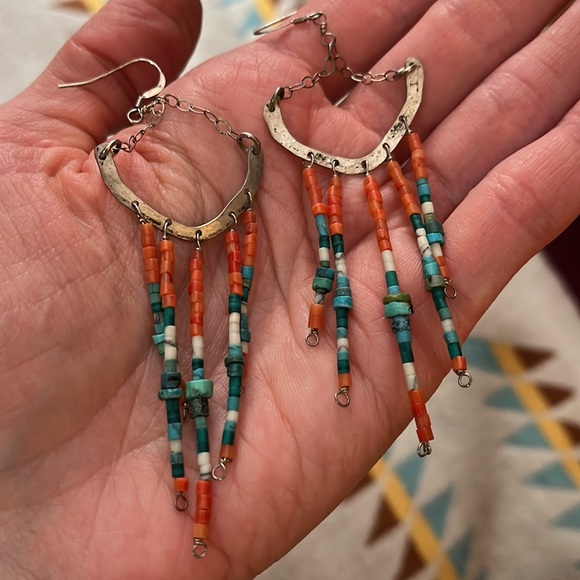 Sterling turquoise beaded dangle earrings - Picture 2 of 3